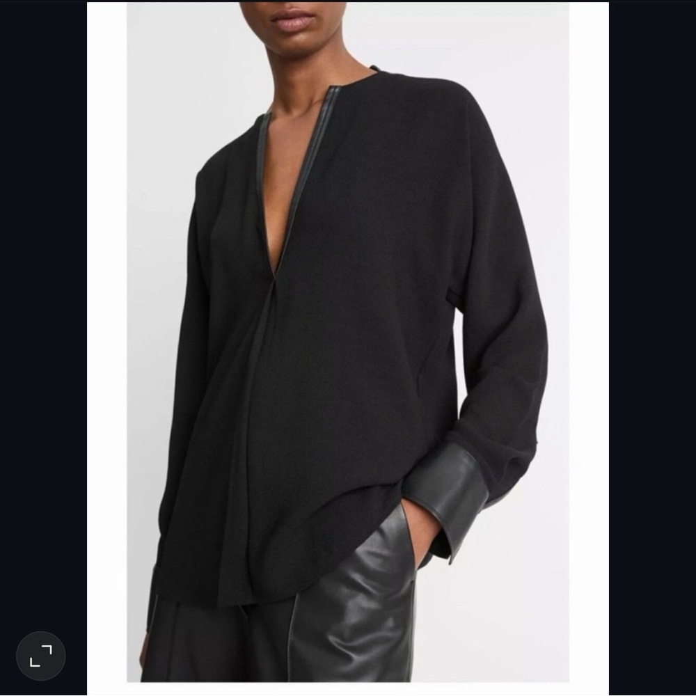 Vince Faux Leather Trim Dolman‎ Sleeve Blouse Black Womens 2XSmall